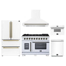 Forno 5-Piece Appliance Package - 48-Inch Capriasca French Door Gas Range, Wall Mount Range Hood, 36-Inch Refrigerator, Dishwasher, and 30-Inch Microwave Drawer in White with Antique Brass Handle
