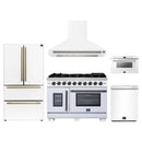 Forno 5-Piece Appliance Package - 48-Inch Capriasca French Door Gas Range, Wall Mount Range Hood, 36-Inch Refrigerator, Dishwasher, and 24-Inch Microwave Drawer in White with Antique Brass Handle