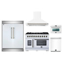 Forno 5-Piece Appliance Package - 48-Inch Capriasca French Door Gas Range, Wall Mount Range Hood, 60-Inch Refrigerator, Dishwasher, and 24-Inch Microwave Oven in White with Antique Brass Handle