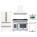Forno 5-Piece Appliance Package - 48-Inch Capriasca French Door Gas Range, Wall Mount Range Hood, 36-Inch Refrigerator, Dishwasher, and 24-Inch Microwave Oven in White with Antique Brass Handle