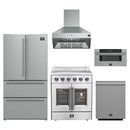 Forno 5-Piece Appliance Package - 30-Inch Galiano French Door Electric Range, Wall Mount Range Hood, 36-Inch Refrigerator, Dishwasher, and 30-Inch Microwave Drawer in Stainless Steel