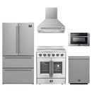 Forno 5-Piece Appliance Package - 30-Inch Galiano French Door Electric Range, Wall Mount Range Hood, 36-Inch Refrigerator, Dishwasher, and 24-Inch Microwave Drawer in Stainless Steel