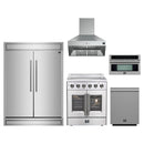 Forno 5-Piece Appliance Package - 30-Inch Galiano French Door Electric Range, Wall Mount Range Hood, 60-Inch Refrigerator, Dishwasher, and 30-Inch Microwave Oven in Stainless Steel