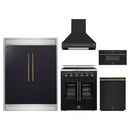 Forno 5-Piece Appliance Package - 30-Inch Galiano French Door Electric Range, Wall Mount Range Hood, 60-Inch Refrigerator, Dishwasher, and 30-Inch Microwave Drawer in Black with Antique Brass Handle