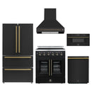 Forno 5-Piece Appliance Package - 30-Inch Galiano French Door Electric Range, Wall Mount Range Hood, 36-Inch Refrigerator, Dishwasher, and 30-Inch Microwave Drawer in Black with Antique Brass Handle