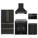 Forno 5-Piece Appliance Package - 30-Inch Galiano French Door Electric Range, Wall Mount Range Hood, 36-Inch Refrigerator, Dishwasher, and 24-Inch Microwave Drawer in Black with Antique Brass Handle