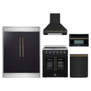 Forno 5-Piece Appliance Package - 30-Inch Galiano French Door Electric Range, Wall Mount Range Hood, 60-Inch Refrigerator, Dishwasher, and 30-Inch Microwave Oven in Black with Antique Brass Handle