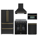 Forno 5-Piece Appliance Package - 30-Inch Galiano French Door Electric Range, Wall Mount Range Hood, 36-Inch Refrigerator, Dishwasher, and 30-Inch Microwave Oven in Black with Antique Brass Handle