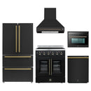 Forno 5-Piece Appliance Package - 30-Inch Galiano French Door Electric Range, Wall Mount Range Hood, 36-Inch Refrigerator, Dishwasher, and 24-Inch Microwave Oven in Black with Antique Brass Handle