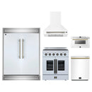 Forno 5-Piece Appliance Package - 30-Inch Galiano French Door Electric Range, Wall Mount Range Hood, 60-Inch Refrigerator, Dishwasher, and 24-Inch Microwave Drawer in White with Antique Brass Handle
