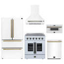 Forno 5-Piece Appliance Package - 30-Inch Galiano French Door Electric Range, Wall Mount Range Hood, 36-Inch Refrigerator, Dishwasher, and 30-Inch Microwave Drawer in White with Antique Brass Handle