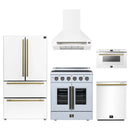Forno 5-Piece Appliance Package - 30-Inch Galiano French Door Electric Range, Wall Mount Range Hood, 36-Inch Refrigerator, Dishwasher, and 24-Inch Microwave Drawer in White with Antique Brass Handle