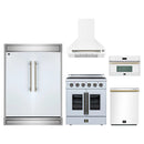 Forno 5-Piece Appliance Package - 30-Inch Galiano French Door Electric Range, Wall Mount Range Hood, 60-Inch Refrigerator, Dishwasher, and 30-Inch Microwave Oven in White with Antique Brass Handle
