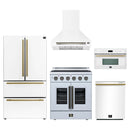 Forno 5-Piece Appliance Package - 30-Inch Galiano French Door Electric Range, Wall Mount Range Hood, 36-Inch Refrigerator, Dishwasher, and 30-Inch Microwave Oven in White with Antique Brass Handle