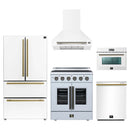 Forno 5-Piece Appliance Package - 30-Inch Galiano French Door Electric Range, Wall Mount Range Hood, 36-Inch Refrigerator, Dishwasher, and 24-Inch Microwave Oven in White with Antique Brass Handle