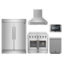 Forno 5-Piece Appliance Package - 36-Inch Galiano French Door Electric Range, Wall Mount Range Hood, 60-Inch Refrigerator, Dishwasher, and 24-Inch Microwave Drawer in Stainless Steel