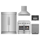 Forno 5-Piece Appliance Package - 36-Inch Galiano French Door Electric Range, Wall Mount Range Hood, 60-Inch Refrigerator, Dishwasher, and 24-Inch Microwave Oven in Stainless Steel