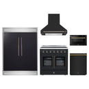 Forno 5-Piece Appliance Package - 36-Inch Galiano French Door Electric Range, Wall Mount Range Hood, 60-Inch Refrigerator, Dishwasher, and 24-Inch Microwave Drawer in Black with Antique Brass Handle