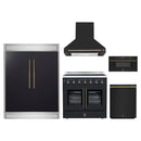 Forno 5-Piece Appliance Package - 36-Inch Galiano French Door Electric Range, Wall Mount Range Hood, 60-Inch Refrigerator, Dishwasher, and 30-Inch Microwave Drawer in Black with Antique Brass Handle