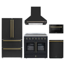Forno 5-Piece Appliance Package - 36-Inch Galiano French Door Electric Range, Wall Mount Range Hood, 36-Inch Refrigerator, Dishwasher, and 24-Inch Microwave Drawer in Black with Antique Brass Handle