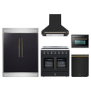 Forno 5-Piece Appliance Package - 36-Inch Galiano French Door Electric Range, Wall Mount Range Hood, 60-Inch Refrigerator, Dishwasher, and 24-Inch Microwave Oven in Black with Antique Brass Handle