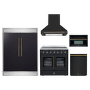Forno 5-Piece Appliance Package - 36-Inch Galiano French Door Electric Range, Wall Mount Range Hood, 60-Inch Refrigerator, Dishwasher, and 30-Inch Microwave Oven in Black with Antique Brass Handle