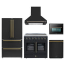 Forno 5-Piece Appliance Package - 36-Inch Galiano French Door Electric Range, Wall Mount Range Hood, 36-Inch Refrigerator, Dishwasher, and 24-Inch Microwave Oven in Black with Antique Brass Handle