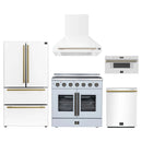 Forno 5-Piece Appliance Package - 36-Inch Galiano French Door Electric Range, Wall Mount Range Hood, 36-Inch Refrigerator, Dishwasher, and 30-Inch Microwave Drawer in White with Antique Brass Handle