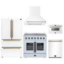 Forno 5-Piece Appliance Package - 36-Inch Galiano French Door Electric Range, Wall Mount Range Hood, 36-Inch Refrigerator, Dishwasher, and 24-Inch Microwave Drawer in White with Antique Brass Handle