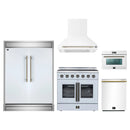 Forno 5-Piece Appliance Package - 36-Inch Galiano French Door Electric Range, Wall Mount Range Hood, 60-Inch Refrigerator, Dishwasher, and 24-Inch Microwave Oven in White with Antique Brass Handle