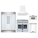 Forno 5-Piece Appliance Package - 36-Inch Galiano French Door Electric Range, Wall Mount Range Hood, 60-Inch Refrigerator, Dishwasher, and 30-Inch Microwave Oven in White with Antique Brass Handle