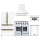 Forno 5-Piece Appliance Package - 36-Inch Galiano French Door Electric Range, Wall Mount Range Hood, 36-Inch Refrigerator, Dishwasher, and 30-Inch Microwave Oven in White with Antique Brass Handle