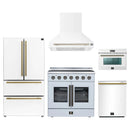 Forno 5-Piece Appliance Package - 36-Inch Galiano French Door Electric Range, Wall Mount Range Hood, 36-Inch Refrigerator, Dishwasher, and 24-Inch Microwave Oven in White with Antique Brass Handle