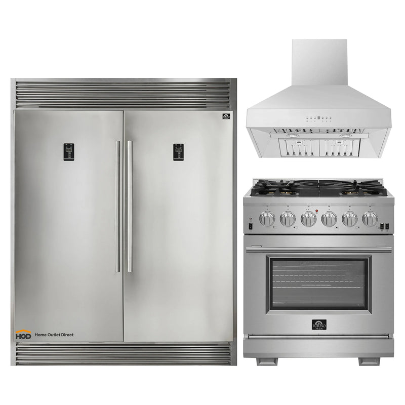 Forno 3-Piece Pro Appliance Package - 30-Inch Gas Range, 60-Inch Pro-Style Refrigerator & Wall Mount Hood in Stainless Steel