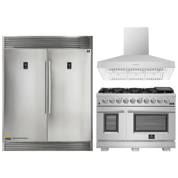 Forno 3-Piece Pro Appliance Package - 48-Inch Gas Range, 56-Inch Pro-Style Refrigerator & Wall Mount Hood in Stainless Steel