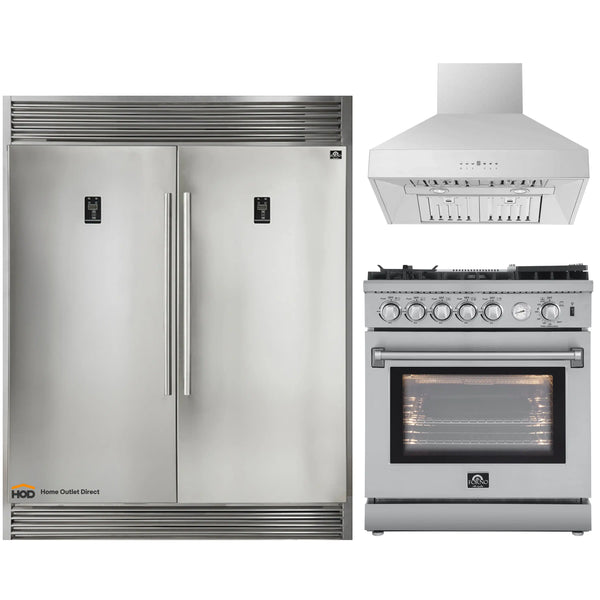 Forno 3-Piece Appliance Package - 30-Inch Gas Range with Air Fryer, 60-Inch Pro-Style Refrigerator & Wall Mount Hood in Stainless Steel