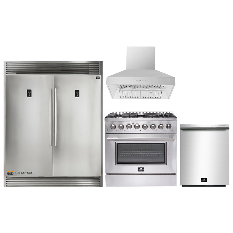 Forno 4-Piece Appliance Package - 36-Inch Dual Fuel Range, 60-Inch Pro-Style Refrigerator, Wall Mount Hood, & 3-Rack Dishwasher in Stainless Steel