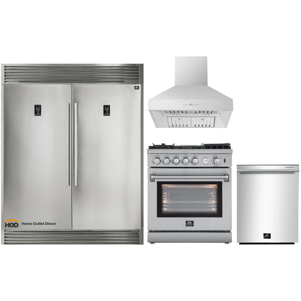 Forno 4-Piece Appliance Package - 30-Inch Gas Range with Air Fryer, 56-Inch Pro-Style Refrigerator, Wall Mount Hood, & 3-Rack Dishwasher in Stainless Steel