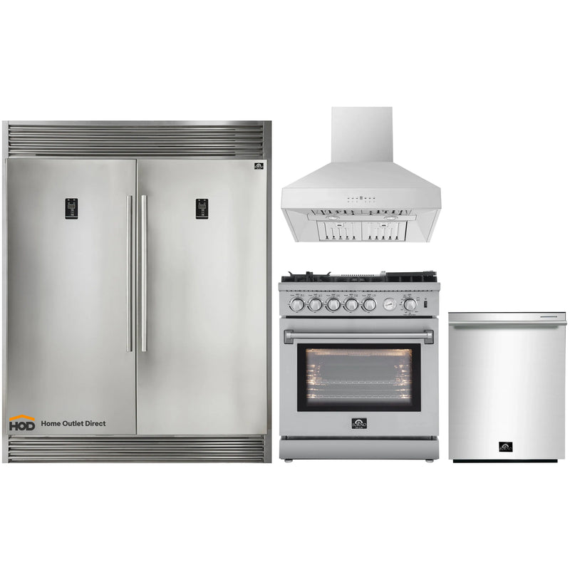 Forno 4-Piece Appliance Package - 30-Inch Gas Range with Air Fryer, 60-Inch Pro-Style Refrigerator, Wall Mount Hood, & 3-Rack Dishwasher in Stainless Steel