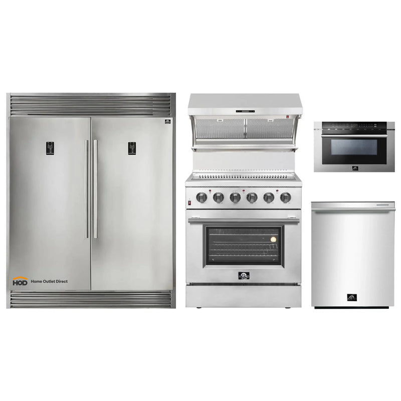 Forno 5-Piece Appliance Package - 30-Inch Electric Range, Wall Mount Range Hood with Backsplash, Pro-Style Refrigerator, Dishwasher, and 24-Inch Microwave Drawer in Stainless Steel