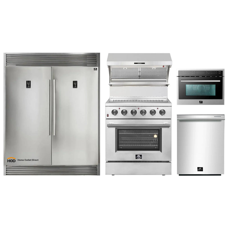 Forno 5-Piece Appliance Package - 30-Inch Electric Range, Wall Mount Range Hood with Backsplash, Pro-Style Refrigerator, Dishwasher, and 24-Inch Microwave Oven in Stainless Steel