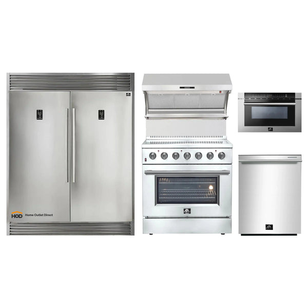 Forno 5-Piece Appliance Package - 36-Inch Electric Range, Wall Mount Range Hood with Backsplash, Pro-Style Refrigerator, Dishwasher, and 24-Inch Microwave Drawer in Stainless Steel