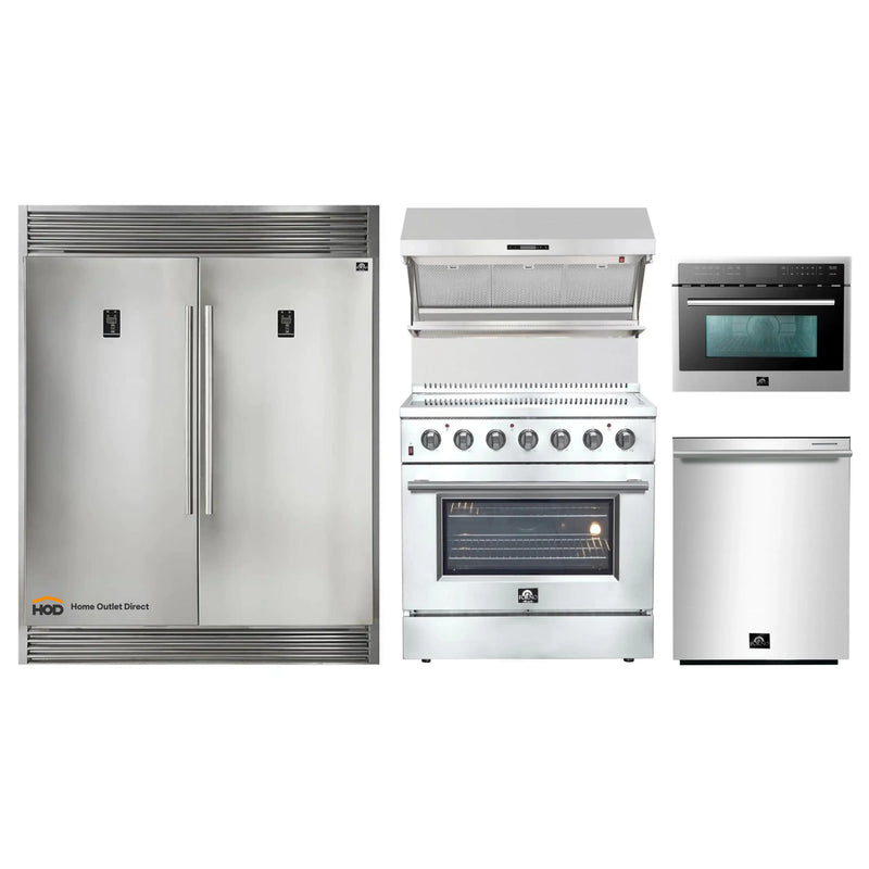 Forno 5-Piece Appliance Package - 36-Inch Electric Range, Wall Mount Range Hood with Backsplash, Pro-Style Refrigerator, Dishwasher, and 24-Inch Microwave Oven in Stainless Steel