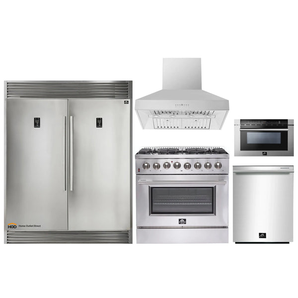 Forno 5-Piece Appliance Package - 36-Inch Dual Fuel Range, 60-Inch Pro-Style Refrigerator, Wall Mount Hood, Microwave Drawer, & 3-Rack Dishwasher in Stainless Steel