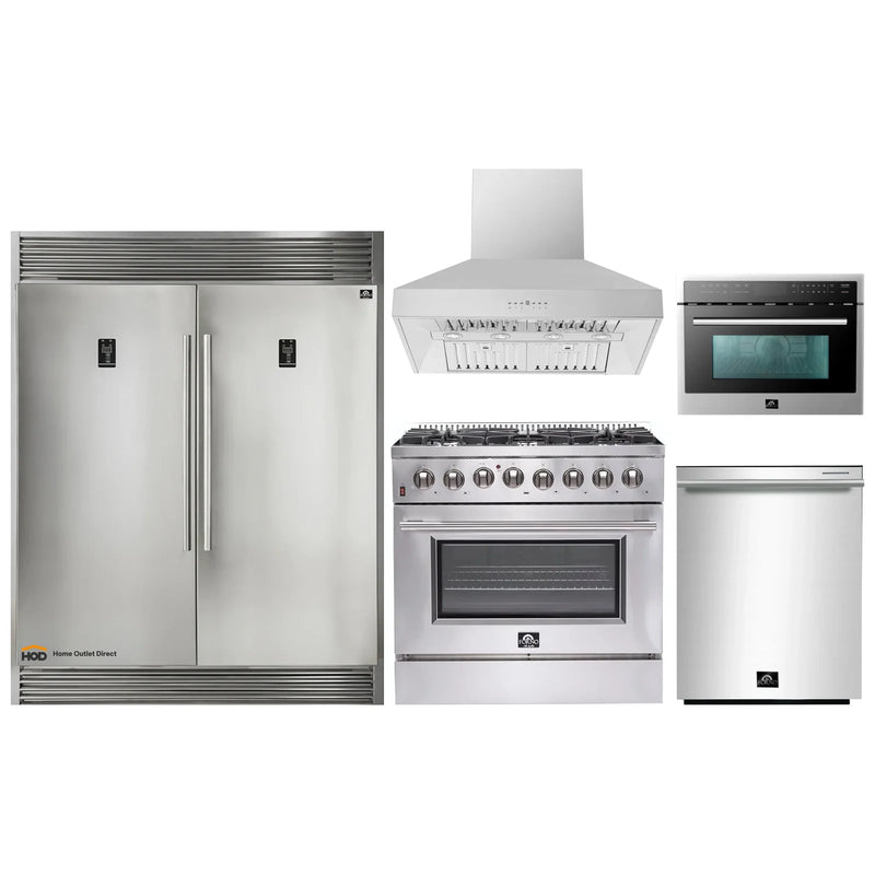 Forno 5-Piece Appliance Package - 36" Dual Fuel Range, 56" Pro-Style Refrigerator, Wall Mount Hood, Microwave Oven, & 3-Rack Dishwasher in Stainless Steel