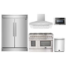 Forno 5-Piece Appliance Package - 48-Inch Dual Fuel Range, 60-Inch Pro-Style Refrigerator, Wall Mount Hood, Microwave Drawer, & 3-Rack Dishwasher in Stainless Steel