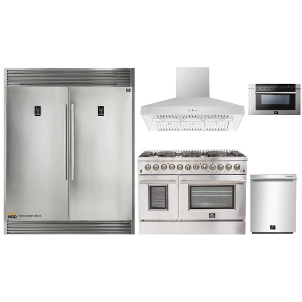 Forno 5-Piece Appliance Package - 48-Inch Dual Fuel Range, 56-Inch Pro-Style Refrigerator, Wall Mount Hood, Microwave Drawer, & 3-Rack Dishwasher in Stainless Steel