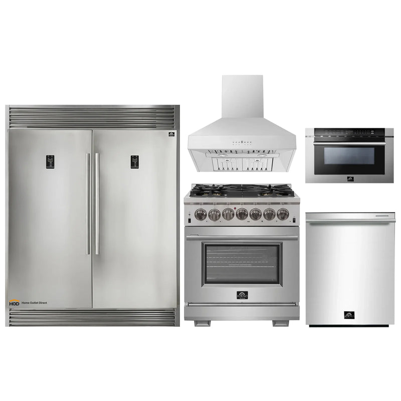 Forno 5-Piece Pro Appliance Package - 30" Dual Fuel Range, 56" Pro-Style Refrigerator, Wall Mount Hood, Microwave Drawer, & 3-Rack Dishwasher in Stainless Steel