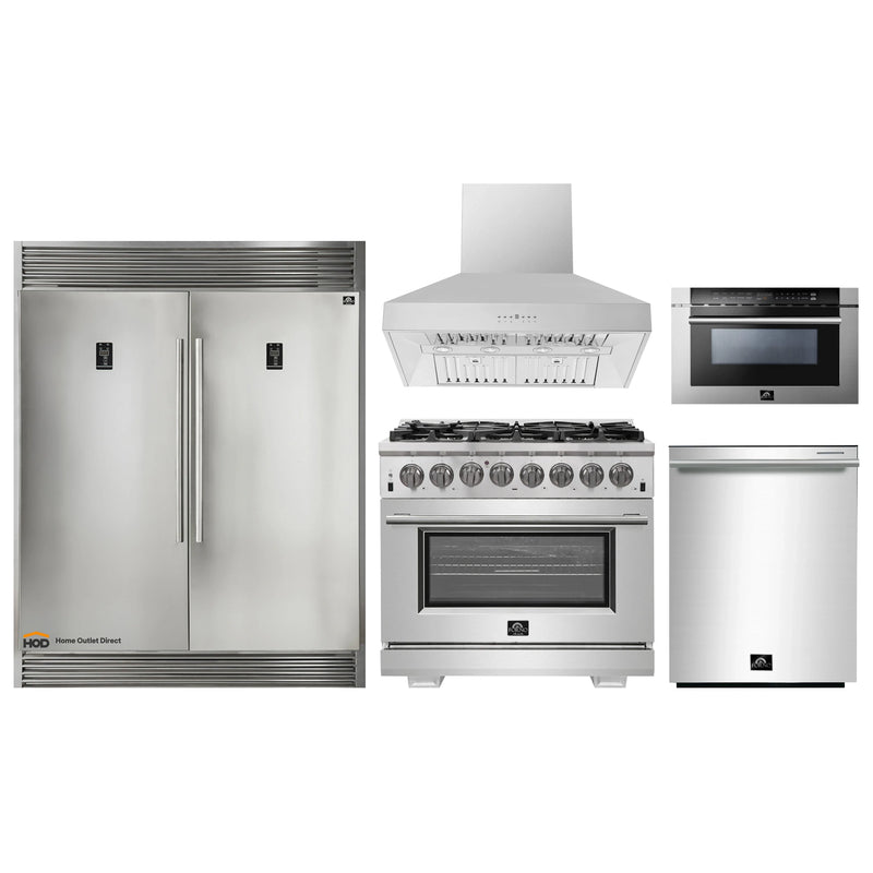 Forno 5-Piece Pro Appliance Package - 36" Dual Fuel Range, 56" Pro-Style Refrigerator, Wall Mount Hood, Microwave Drawer, & 3-Rack Dishwasher in Stainless Steel