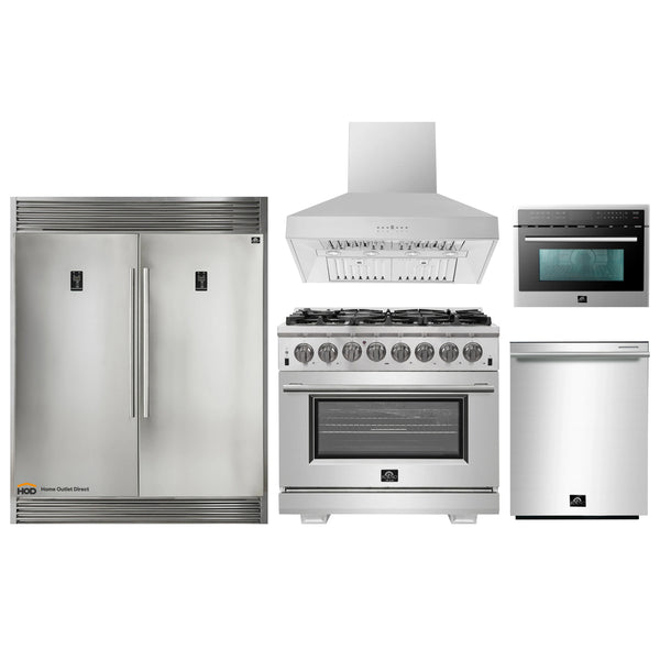 Forno 5-Piece Pro Appliance Package - 36-Inch Dual Fuel Range, 60-Inch Pro-Style Refrigerator, Wall Mount Hood, 24-Inch Microwave Oven, & 3-Rack Dishwasher in Stainless Steel